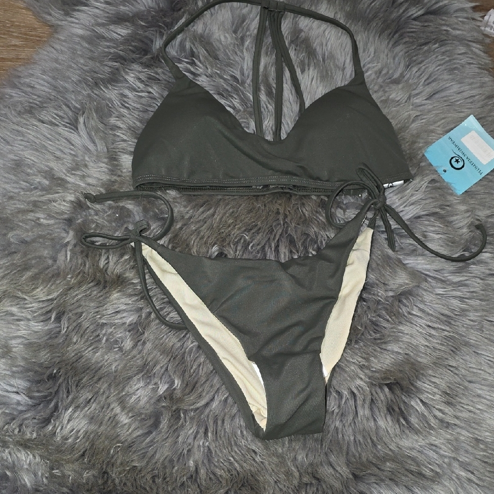 Plumeria Swimwear Olive Green Halter Bikini Set M